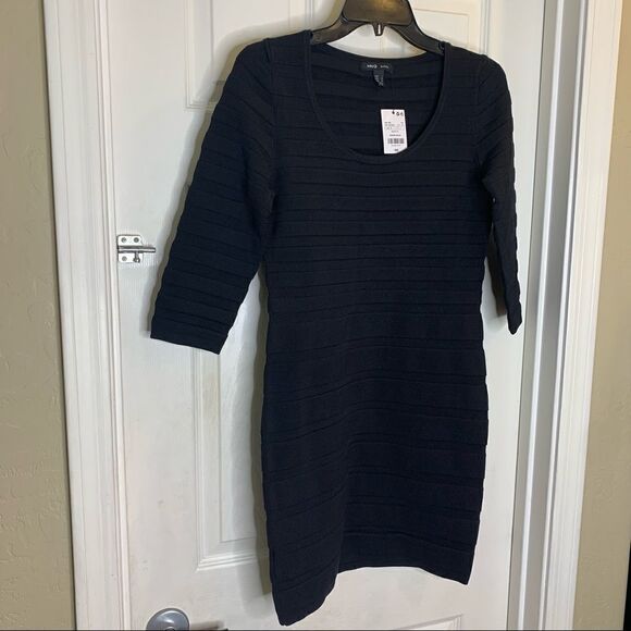 MNG Basics Black Ribbed Bodycon Sweater Dress Size M/8 - Picture 2 of 11